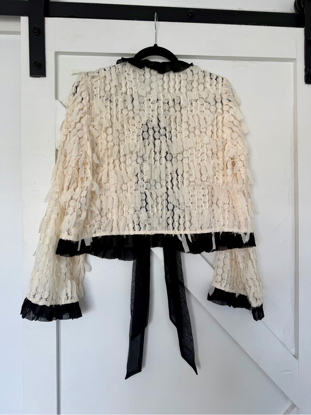 Zara Cream Lace Ruffle Jacket with Black Trim and Tie